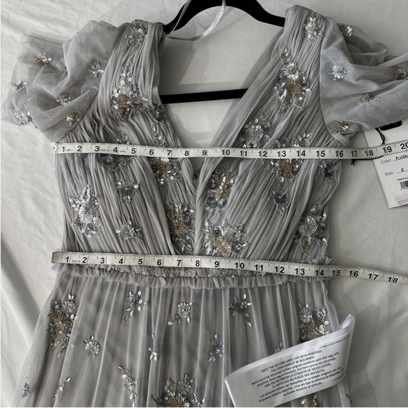 NWT $598 Mac Duggal [ 6 ] Ruffle Tiered Embellished Flutter Sleeve Gown‎ Grey - Picture 3 of 15